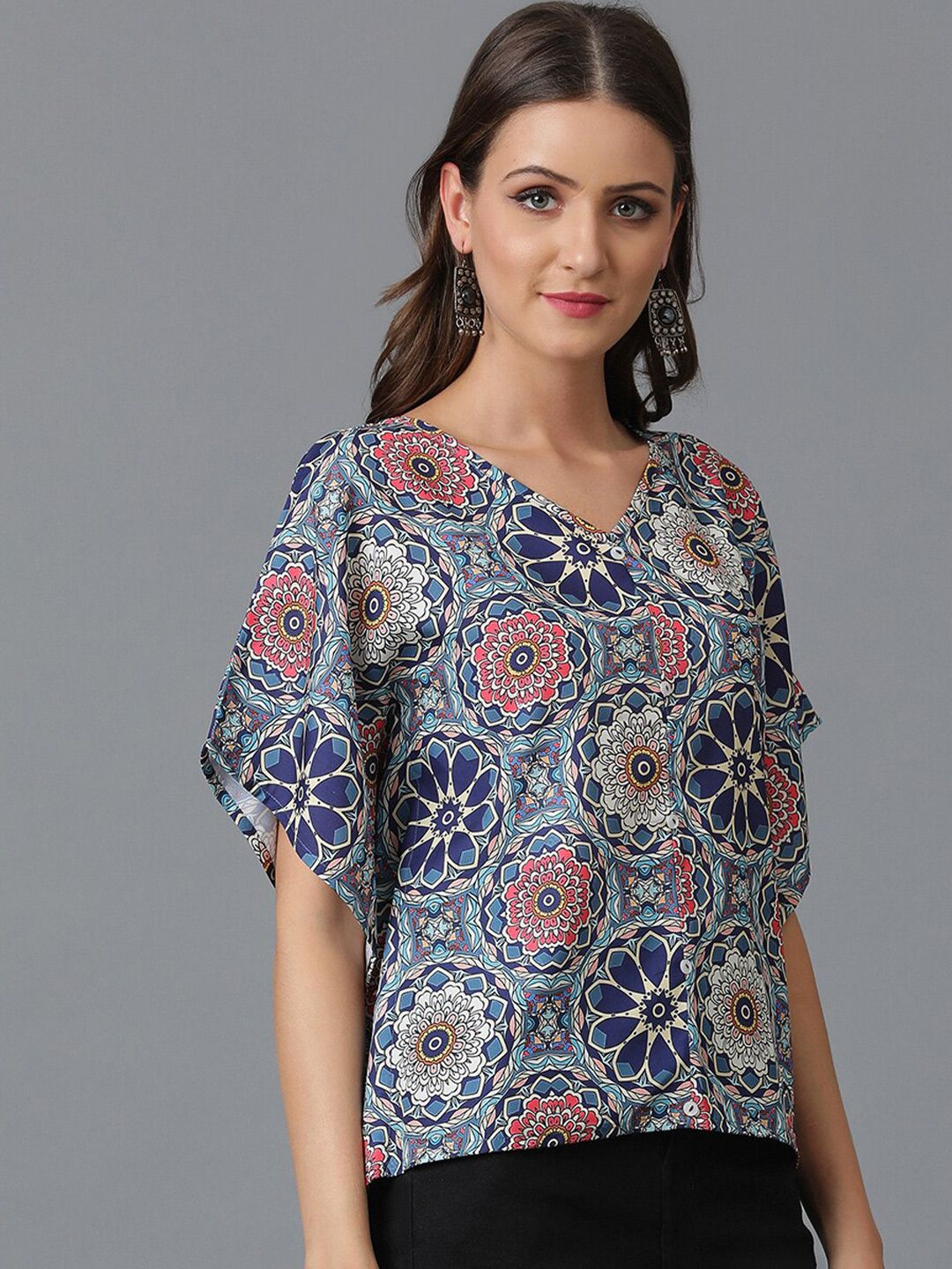 Kotty Blue Floral Printed V-Neck Flared Sleeves Top
