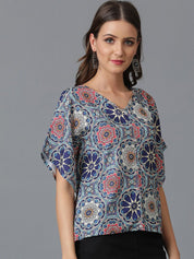 Kotty Blue Floral Printed V-Neck Flared Sleeves Top