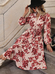 Kotty Cream Floral Printed Shirt Collar Puff Sleeve A-Line Midi Dress