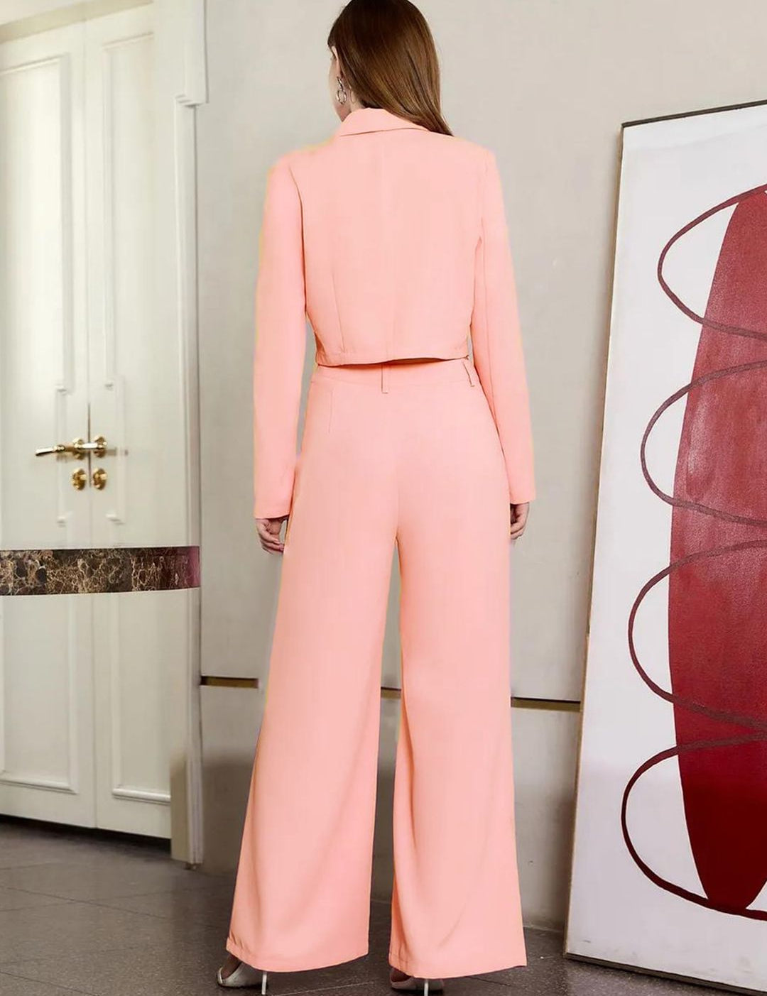 KOTTY BIZwear Peach Shawl Collar Double Breasted Blazer & Trousers