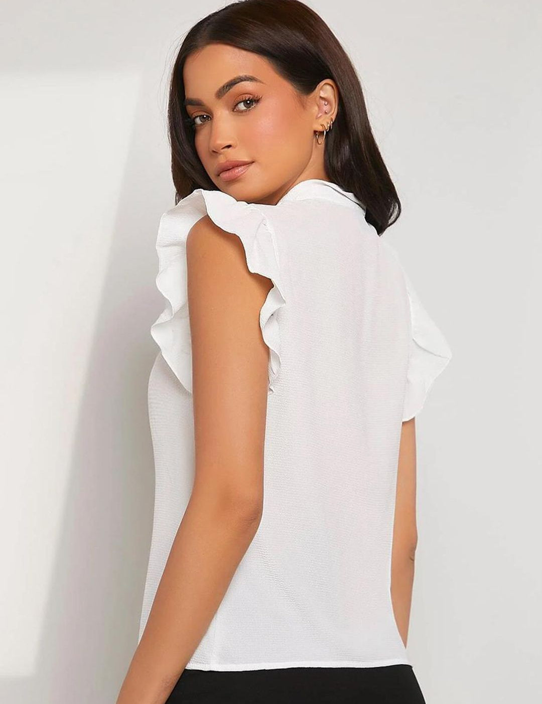 Kotty White Tie-Up Neck Flutter Sleeves Top