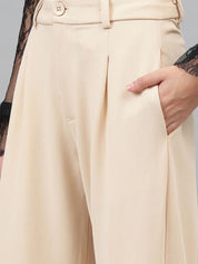Kotty Women Beige Relaxed Straight Leg High-Rise Easy Wash Pleated Parallel Trousers