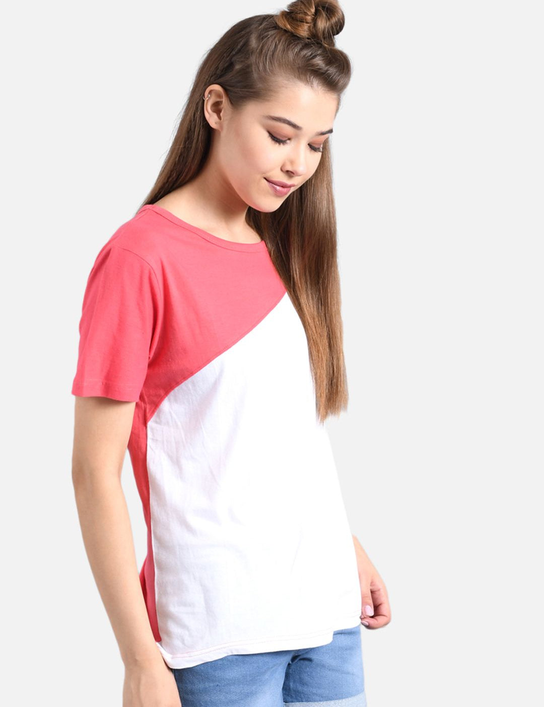 Kotty Women White & Pink Colourblocked Round Neck T-shirt