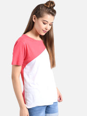 Kotty Women White & Pink Colourblocked Round Neck T-shirt