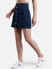 Kotty Women Navy Blue Solid Denim A-Line Mini Skirt