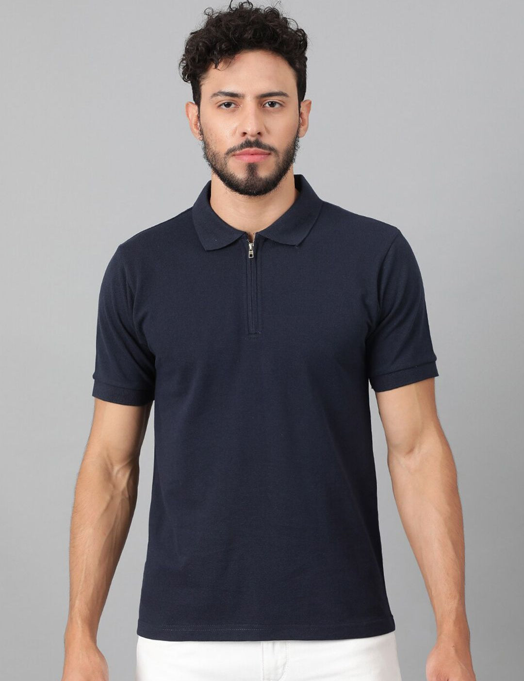 Kotty Navy Blue Polo Collar Cotton T-shirt