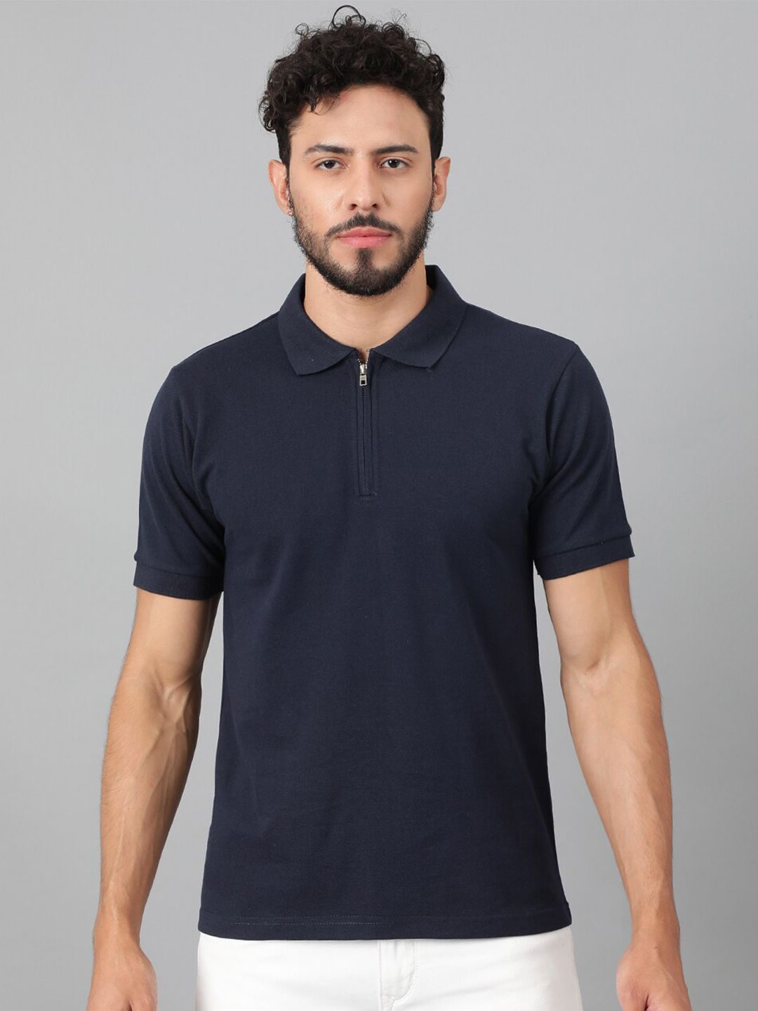 Kotty Navy Blue Polo Collar Cotton T-shirt