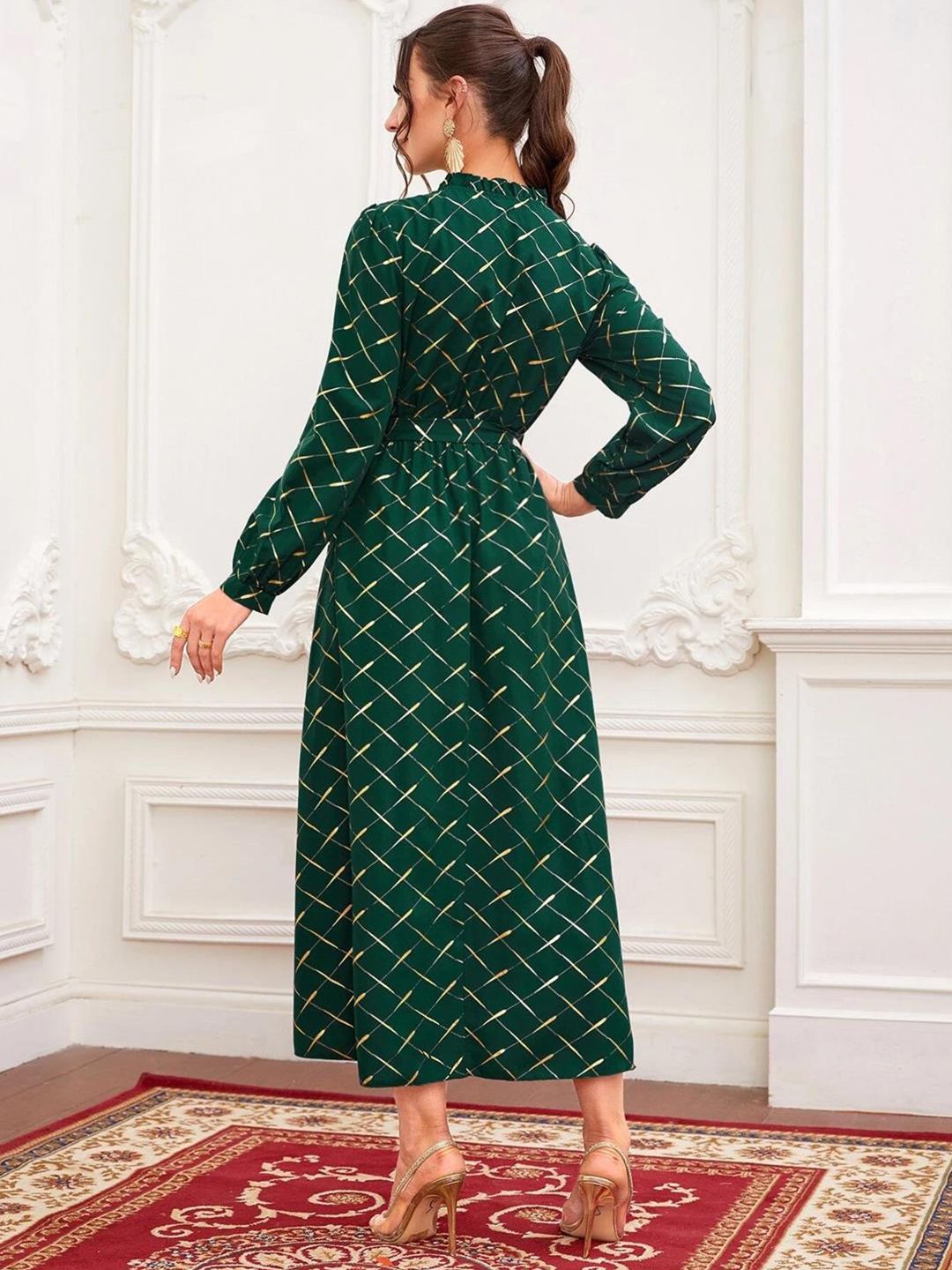 Kotty Green Checked Puff Sleeve Fit & Flare Midi Dress