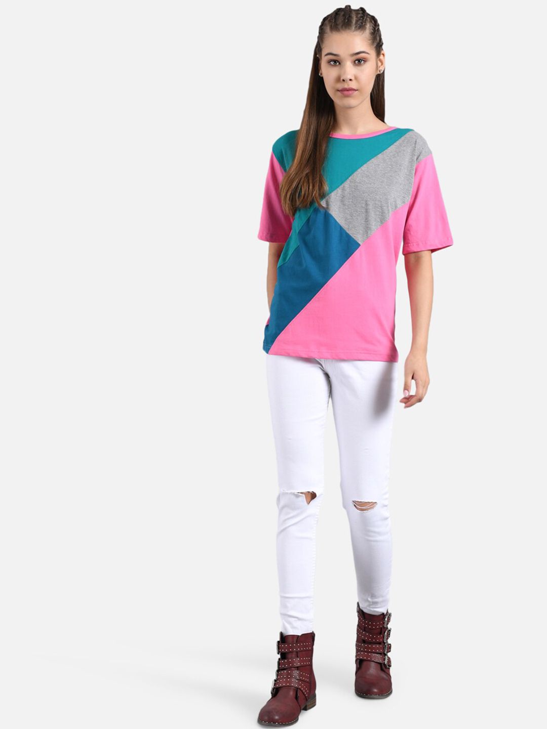 Kotty Women Blue & Pink Colourblocked Round Neck T-shirt