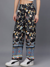 Kotty Women Black Floral Printed Relaxed Straight Fit Easy Wash Trousers