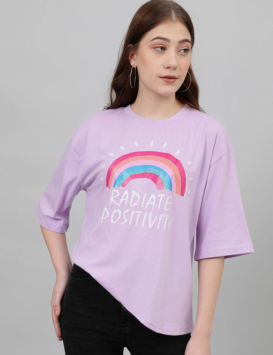Kotty Oversized Typography Printed Drop-Shoulder Sleeves Casual T-shirt