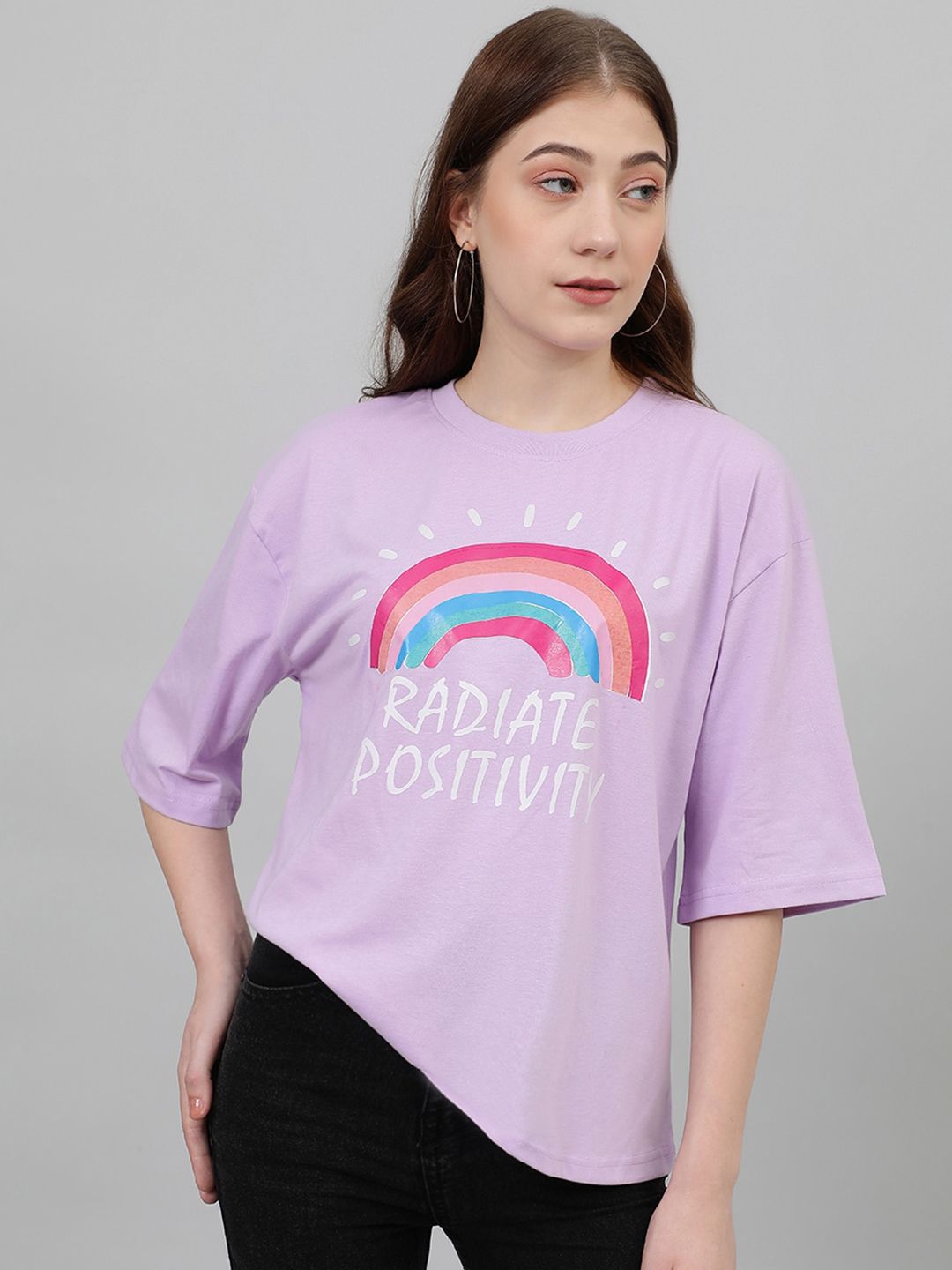 Kotty Oversized Typography Printed Drop-Shoulder Sleeves Casual T-shirt