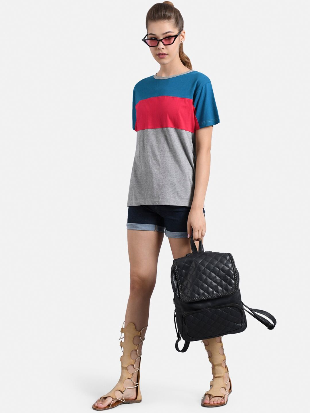 Kotty Women Grey & Blue Colourblocked Round Neck T-shirt