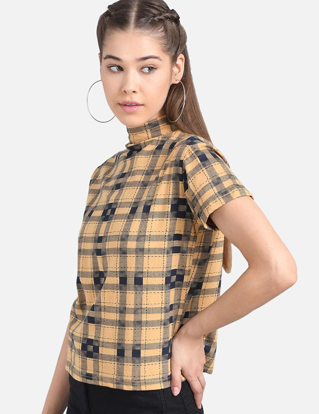 Kotty Women Beige Checked Pure Cotton Top