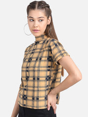 Kotty Women Beige Checked Pure Cotton Top