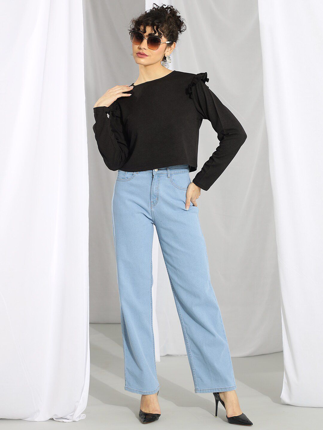 Kotty Black Round Neck Long Sleeves Ruffled Satin Top