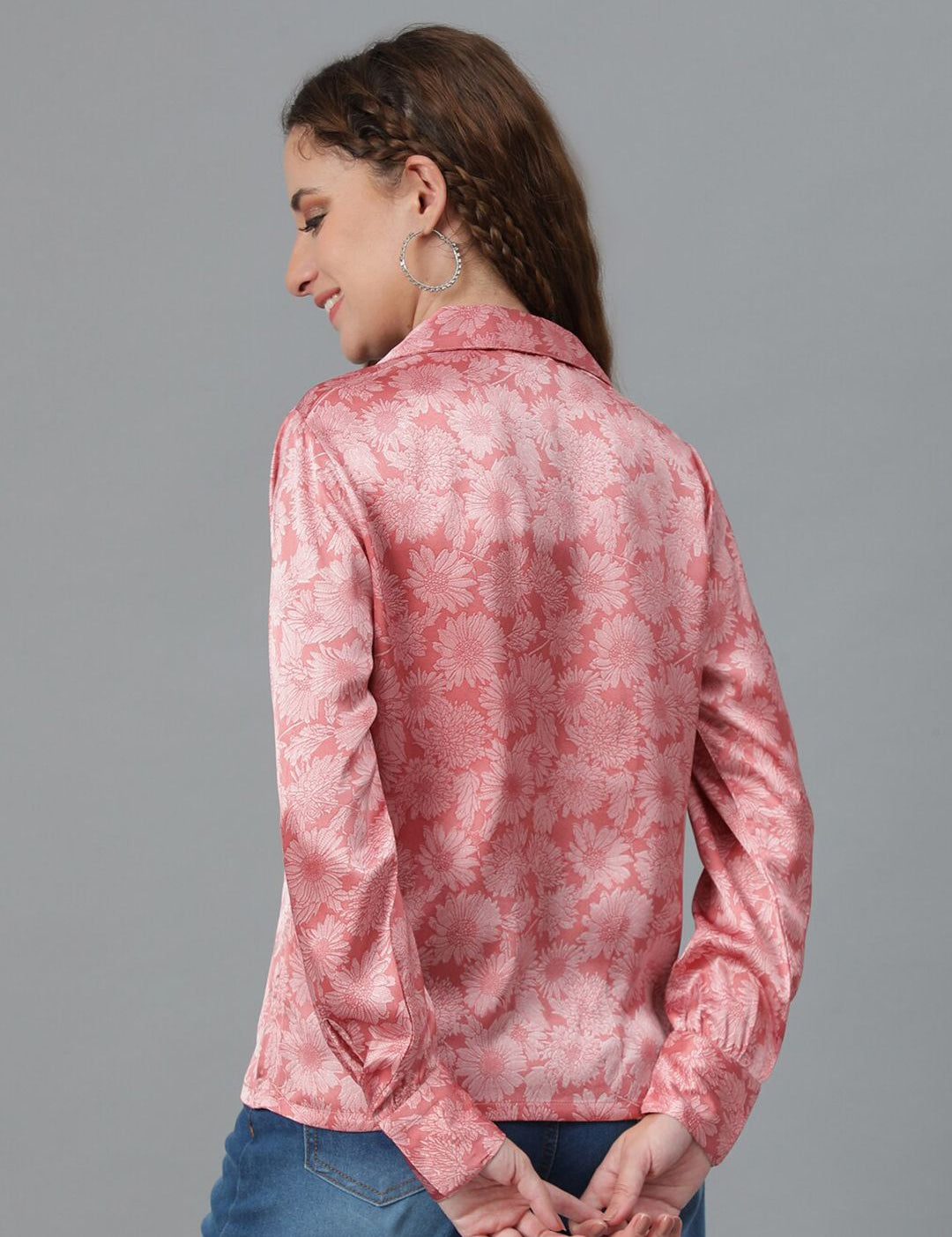 Kotty Pink Relaxed Floral Printed Cuban Collar Satin Casual Shirt