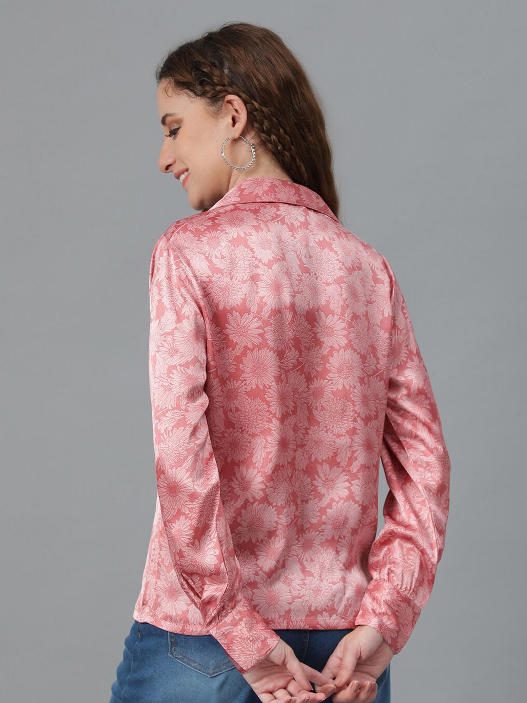 Kotty Pink Relaxed Floral Printed Cuban Collar Satin Casual Shirt