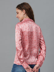 Kotty Pink Relaxed Floral Printed Cuban Collar Satin Casual Shirt