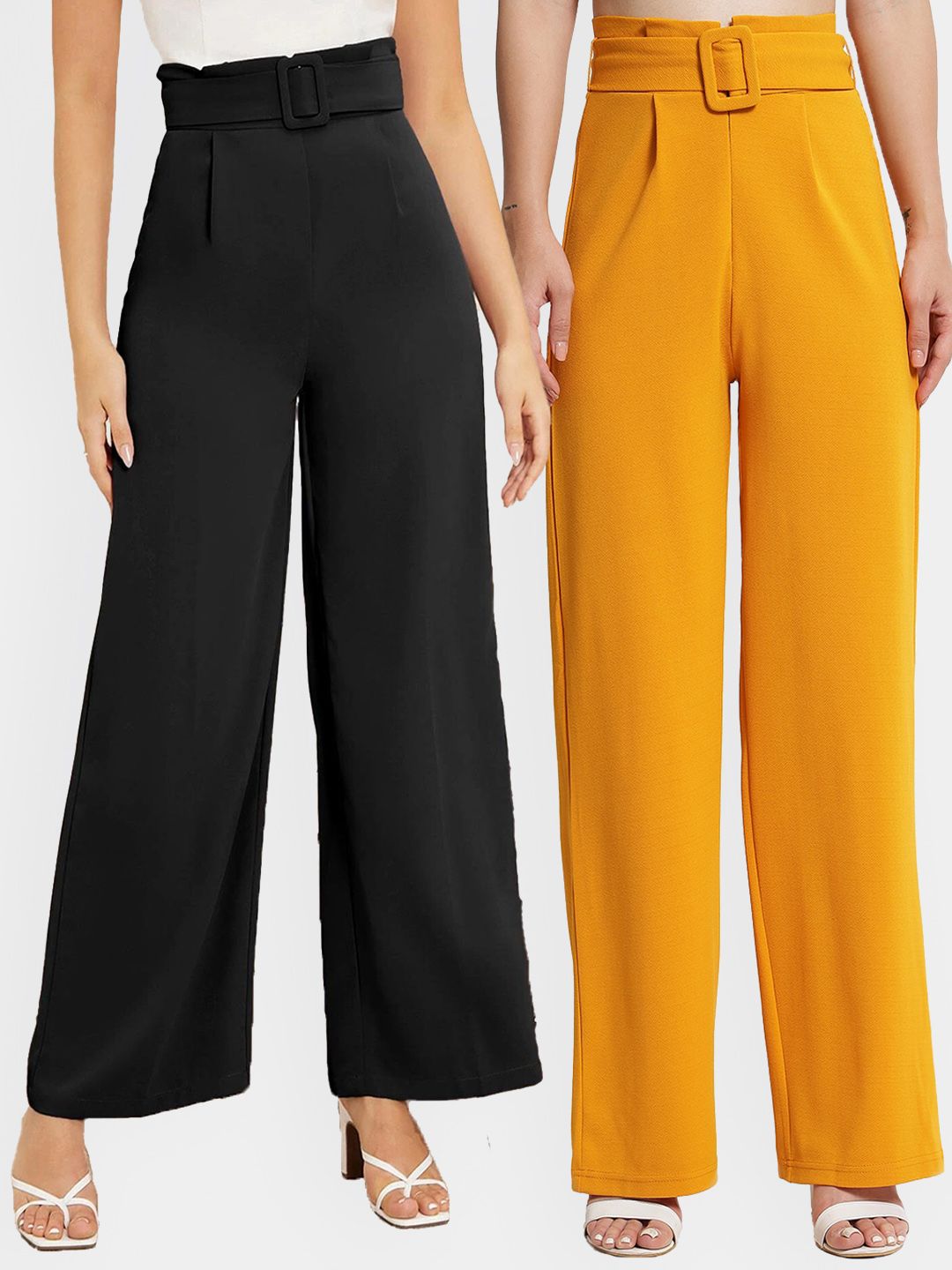 Kotty Women Pack Of 2 Relaxed Straight Fit High-Rise Easy Wash Pleated Trousers
