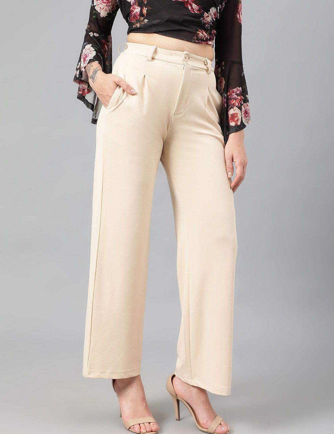 Kotty Women Beige Relaxed Straight Leg Fit High-Rise Easy Wash Pleated Parallel Trousers