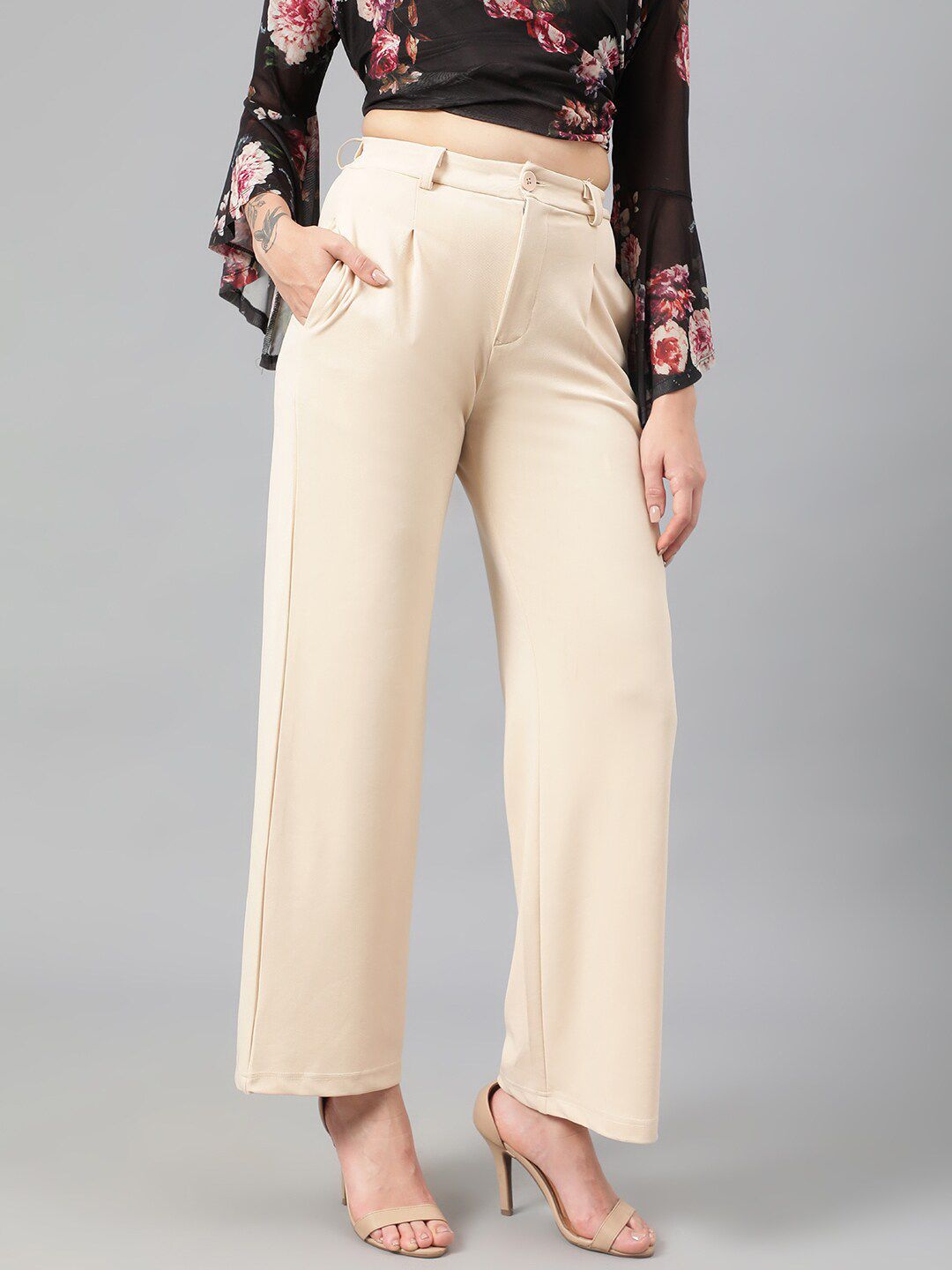 Kotty Women Beige Relaxed Straight Leg Fit High-Rise Easy Wash Pleated Parallel Trousers