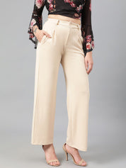 Kotty Women Beige Relaxed Straight Leg Fit High-Rise Easy Wash Pleated Parallel Trousers