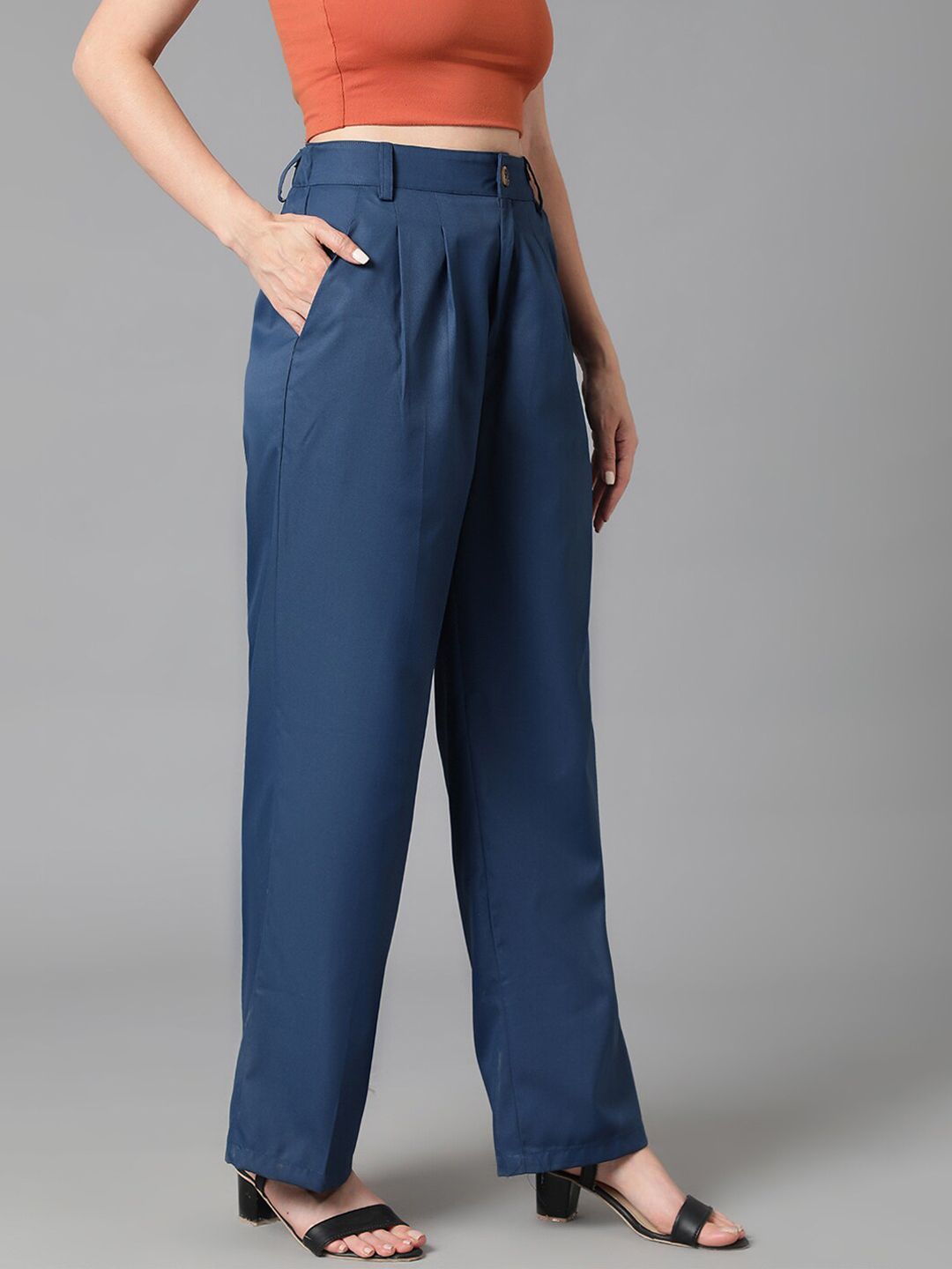 Kotty Women Navy Blue Relaxed Straight Leg High-Rise Easy Wash Pleated Trousers