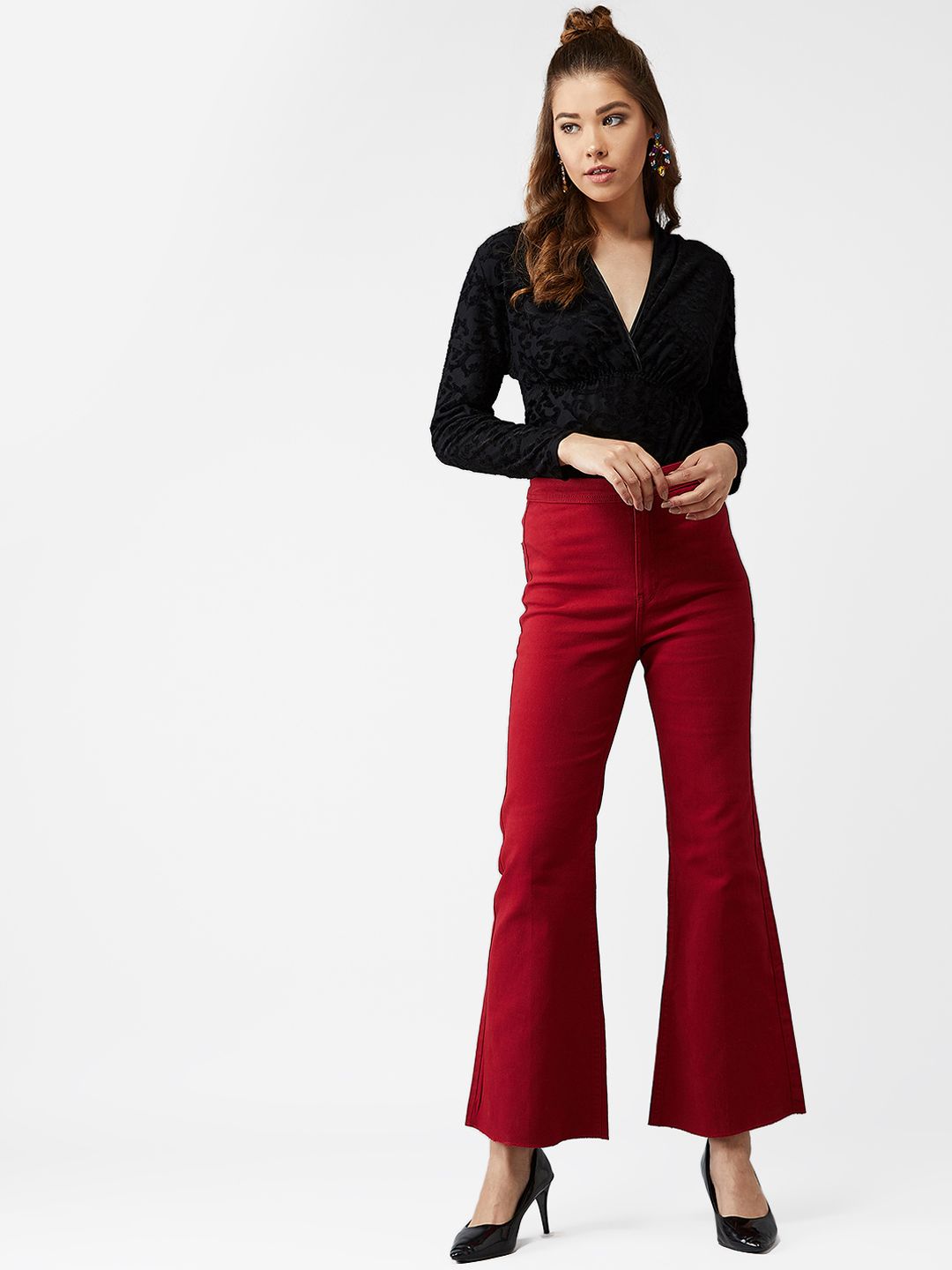 Kotty Women Maroon Flared High-Rise Clean Look Jeans