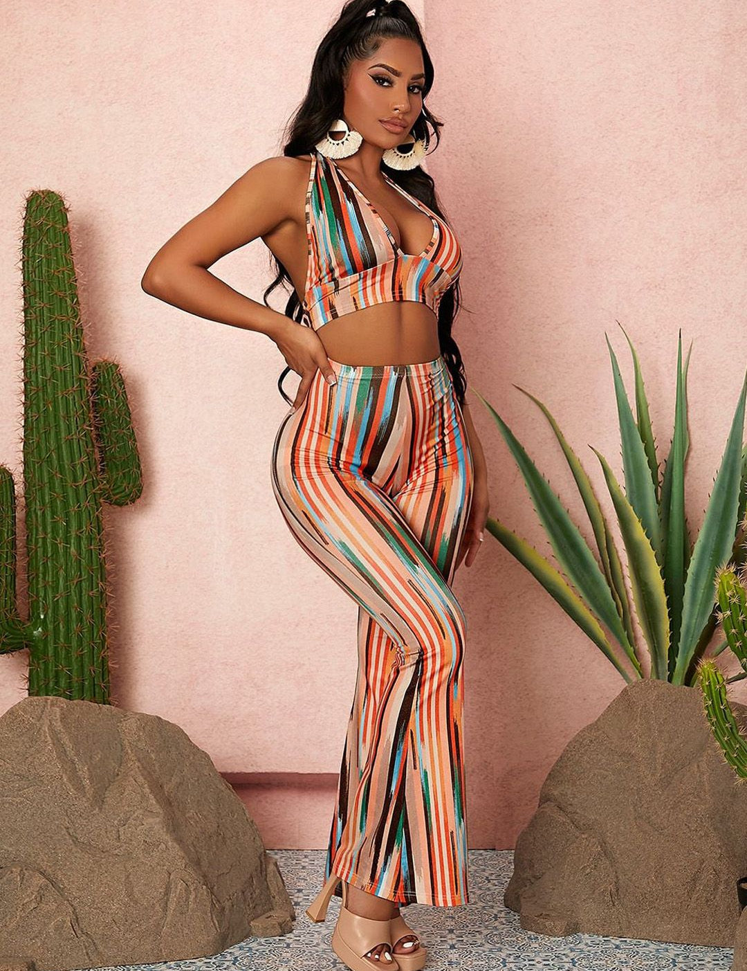 Kotty Orange Striped Halter Neck Top With Trousers 