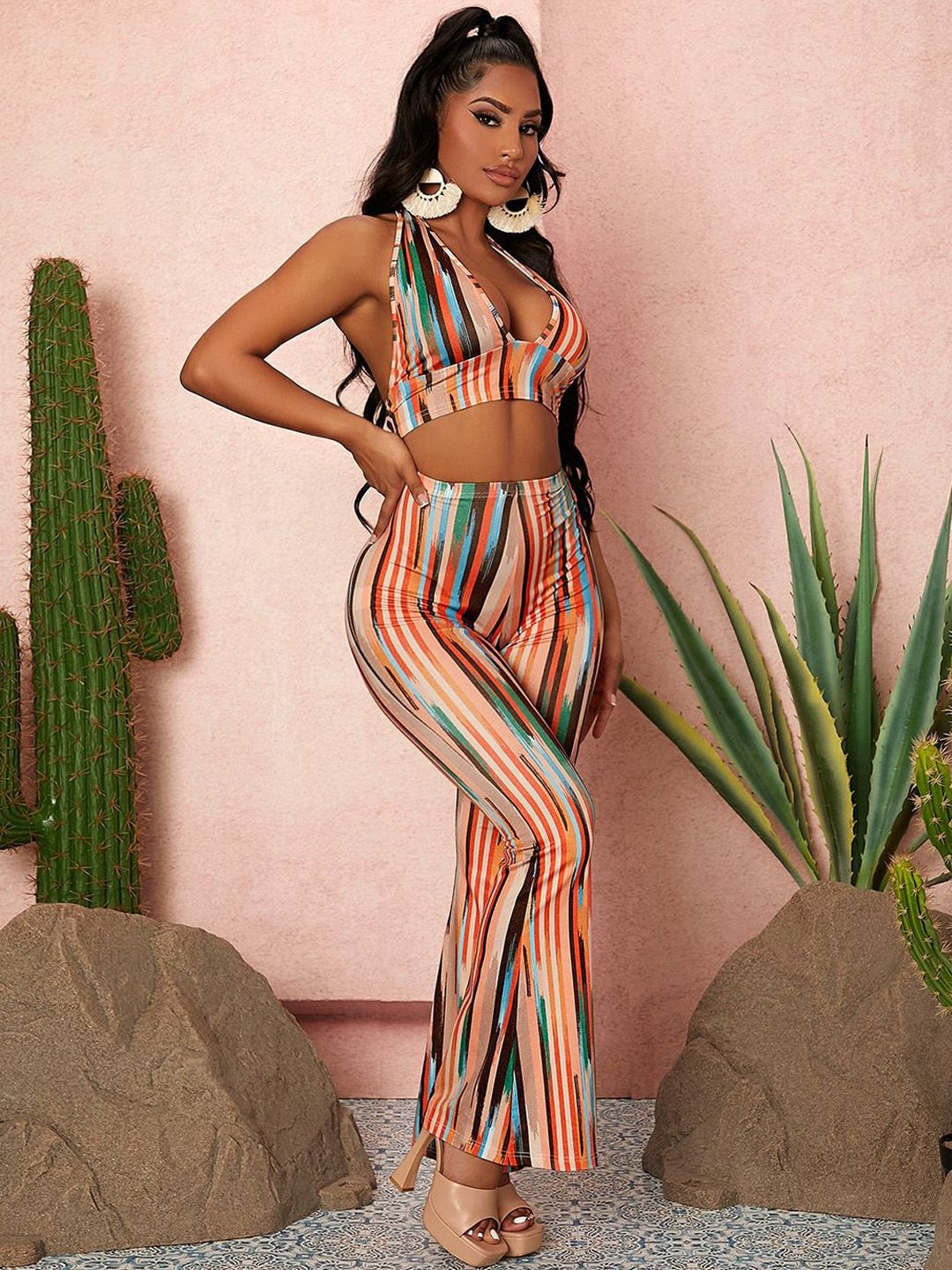 Kotty Orange Striped Halter Neck Top With Trousers 