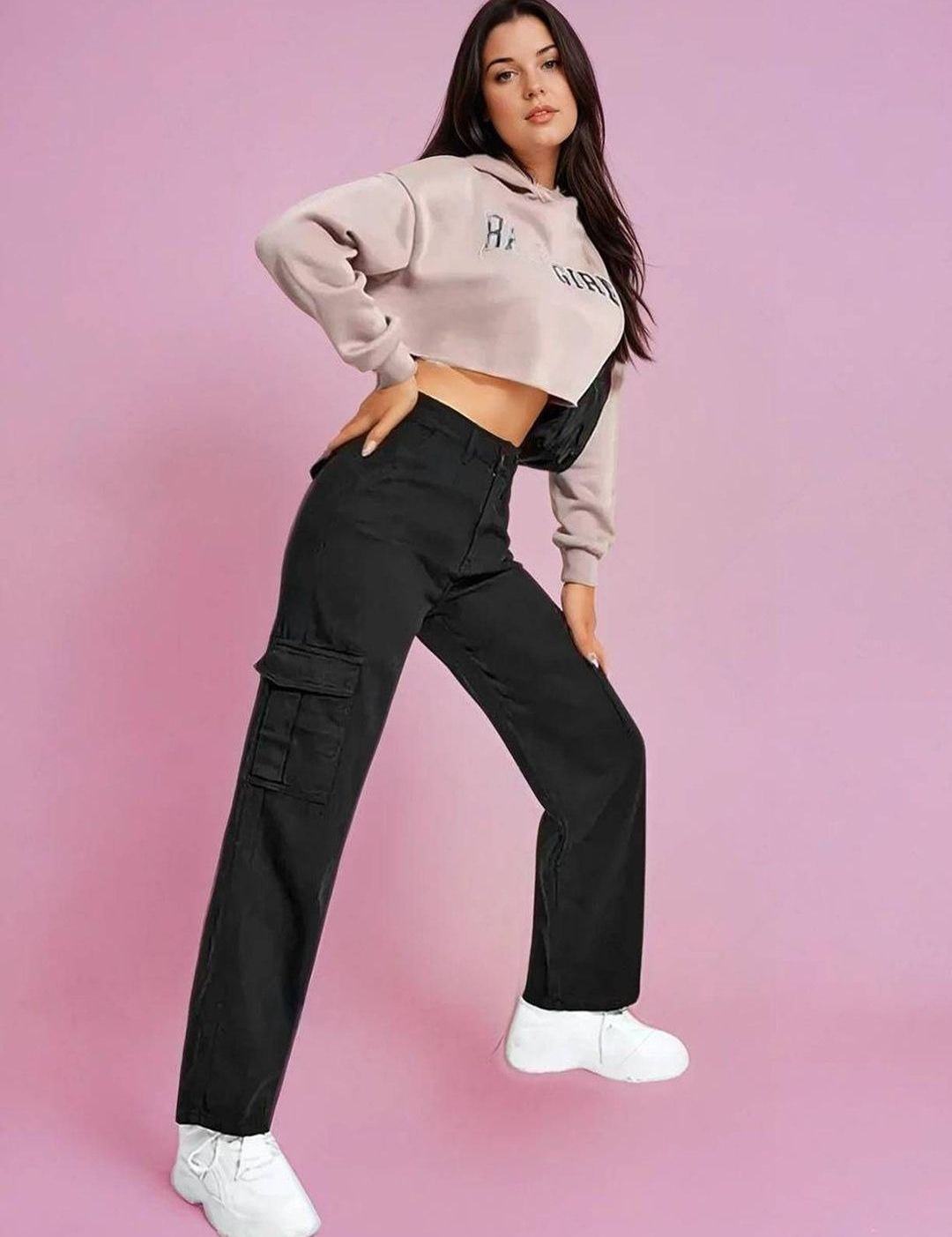 Kotty Women Straight Fit High-Rise Clean Look Stretchable Cargo Styles Cotton Jeans