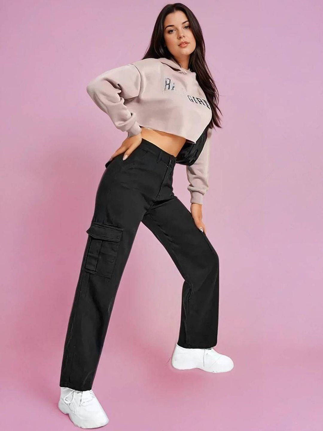 Kotty Women Straight Fit High-Rise Clean Look Stretchable Cargo Styles Cotton Jeans