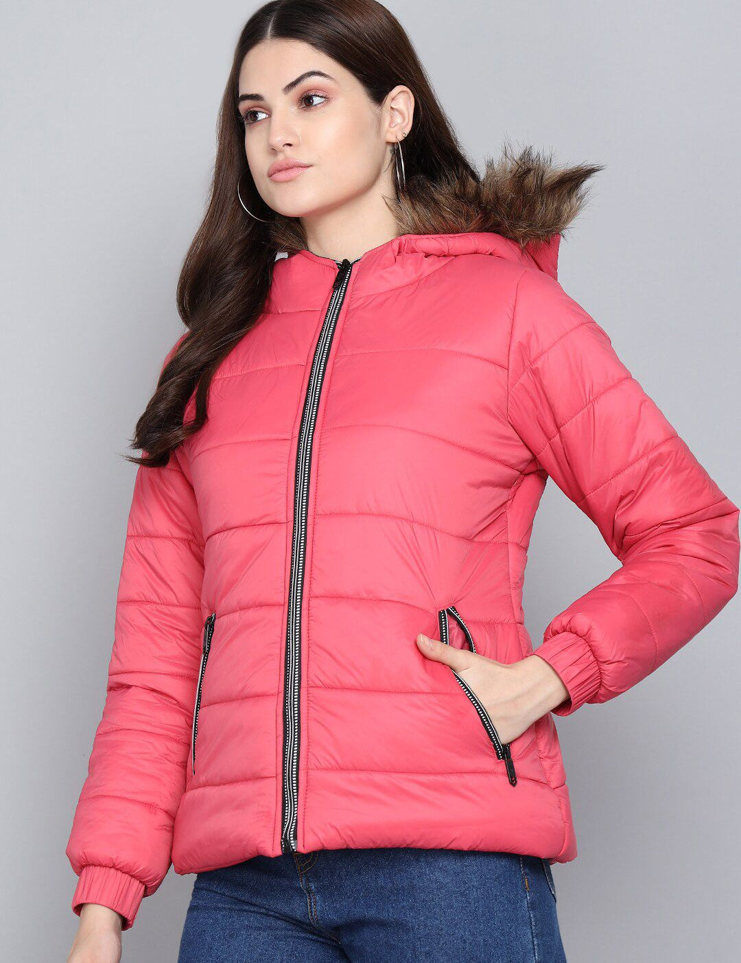 Kotty Women Pink Solid Outdoor Parka Jacket with Faux Fur Trim