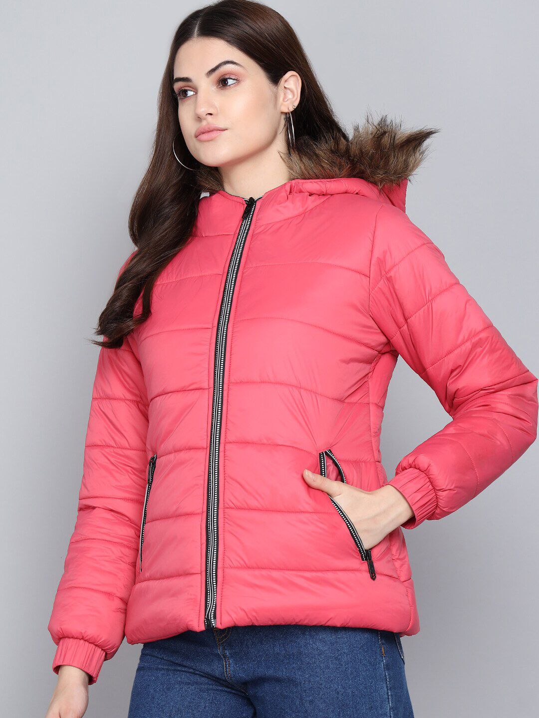 Kotty Women Pink Solid Outdoor Parka Jacket with Faux Fur Trim