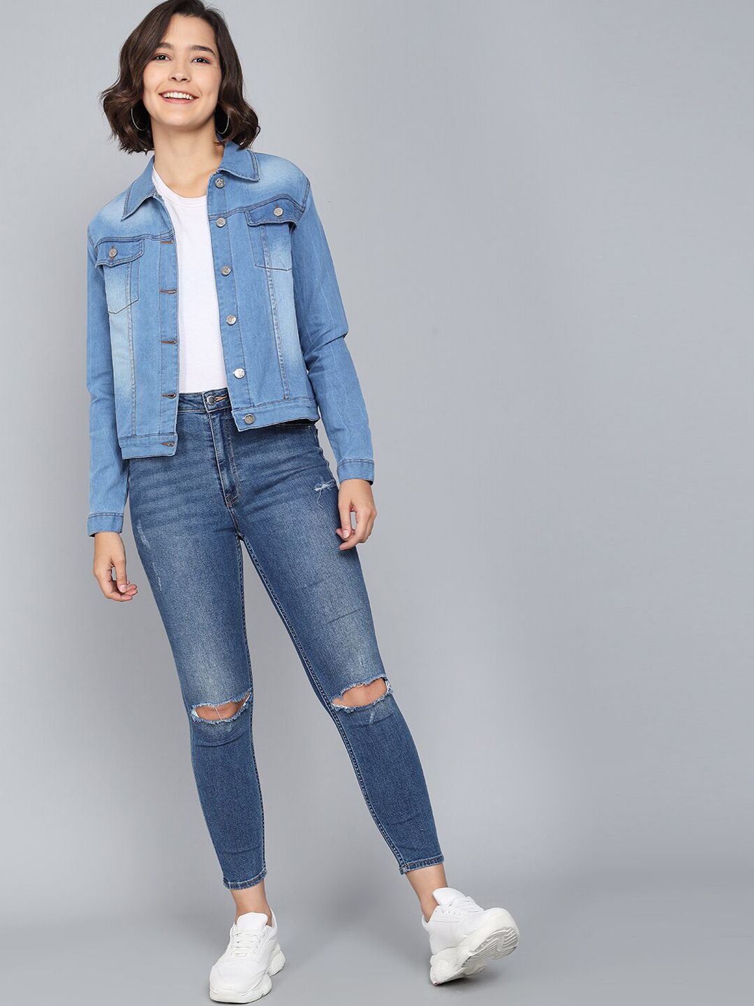Kotty Women Blue Washed Colourblocked Denim Jacket