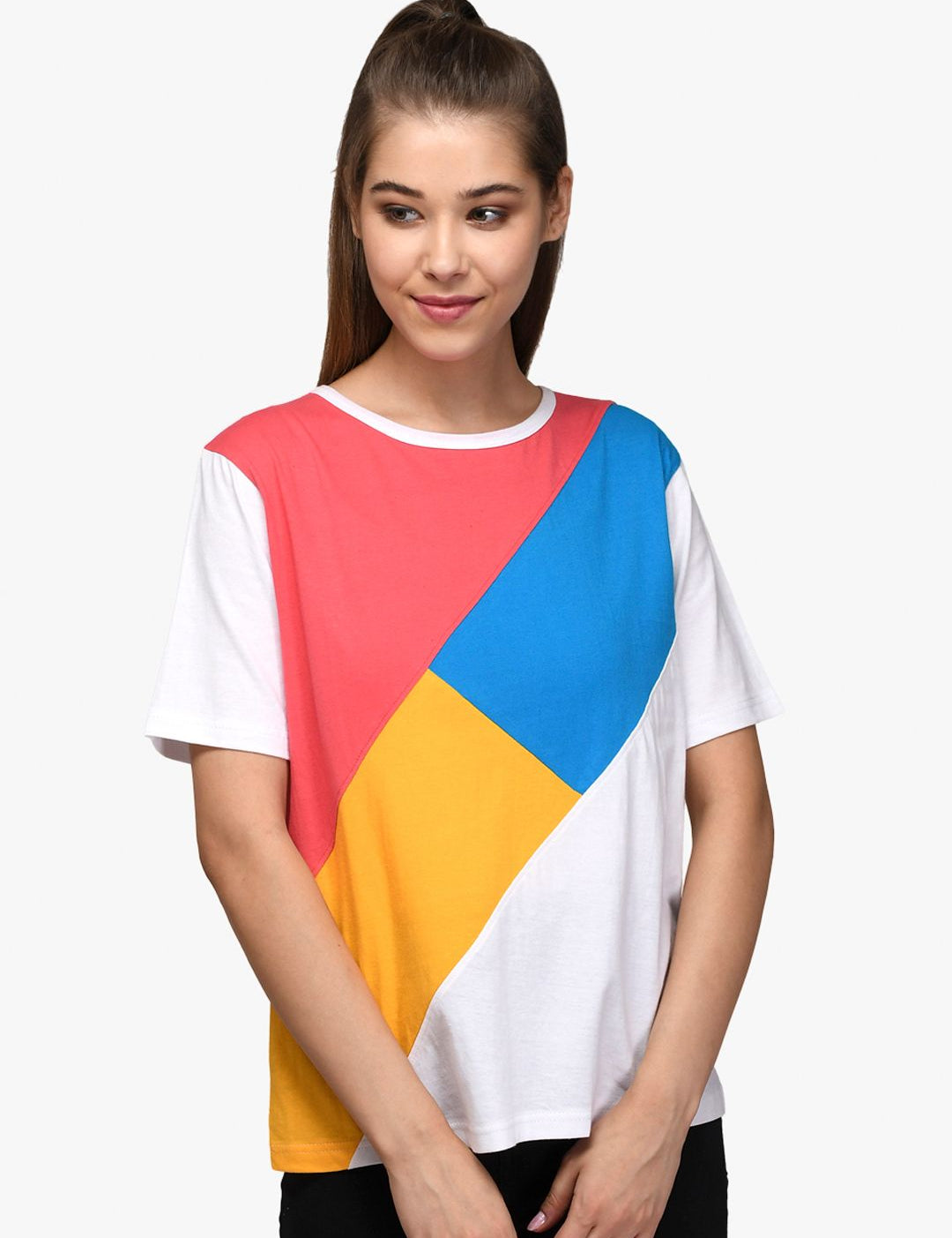 Kotty Women White & Blue Colourblocked Boat Neck T-shirt