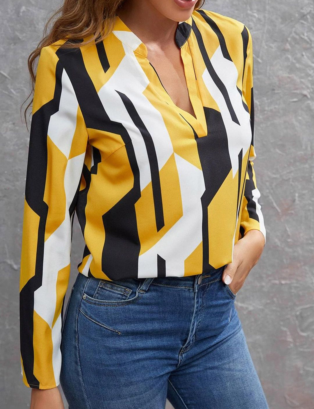 Kotty Yellow Geometric Printed Mandarin Collar Satin Top