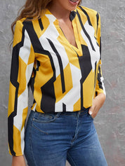 Kotty Yellow Geometric Printed Mandarin Collar Satin Top