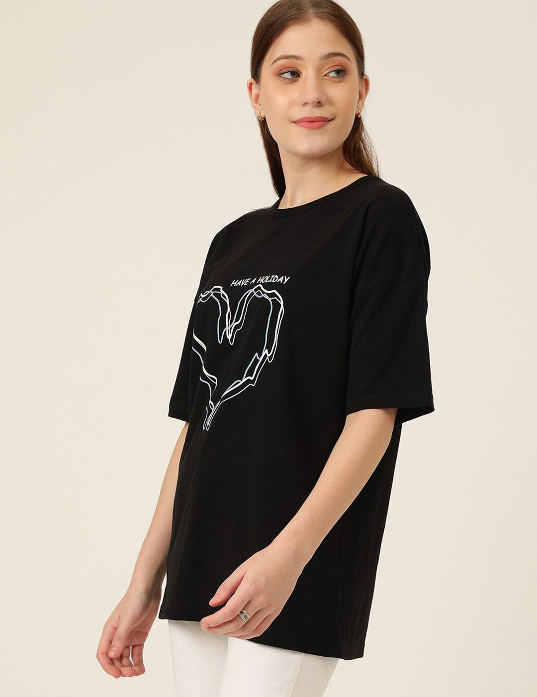 KOTTY Basics Graphic Printed Round Neck Drop-Shoulder Sleeves Oversized T-shirt