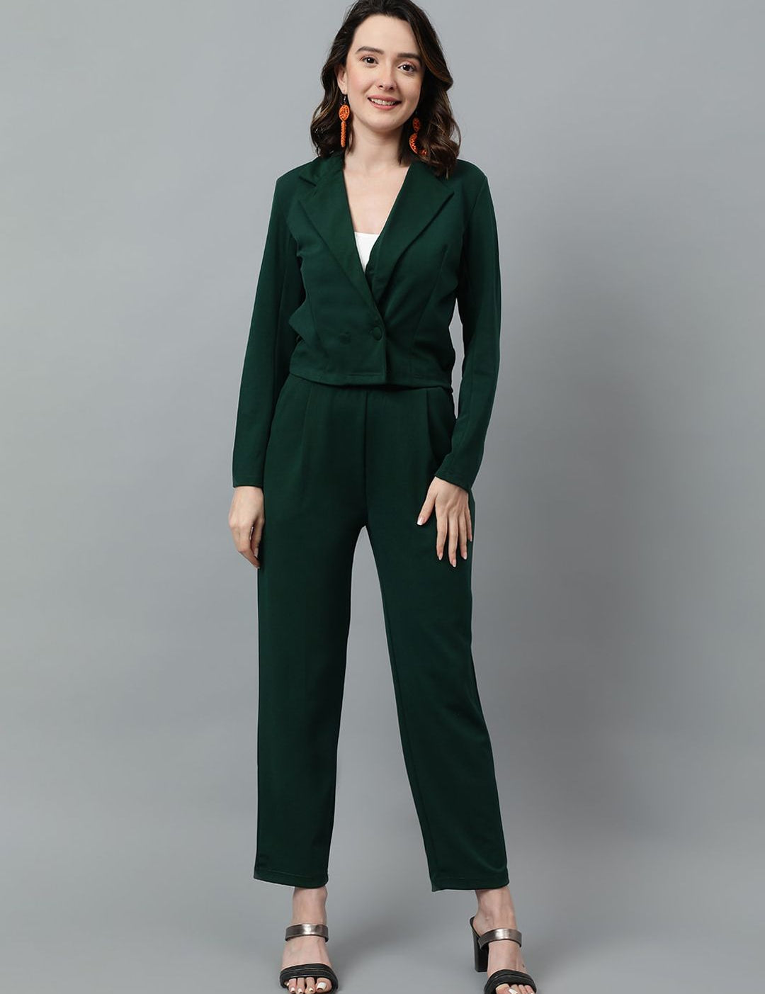 KOTTY BIZwear Green Notched Lapel Collar Blazer & Mid Rise Trouser