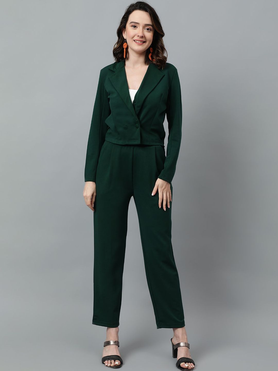 KOTTY BIZwear Green Notched Lapel Collar Blazer & Mid Rise Trouser