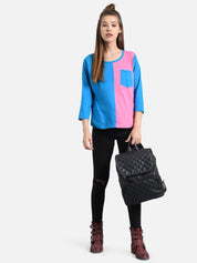 Kotty Women Blue & Pink Colourblocked Round Neck T-shirt