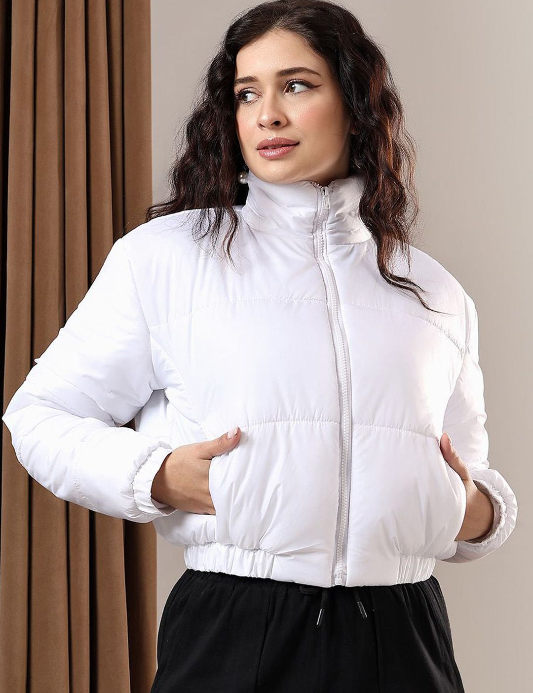 Kotty Women Mock Collar Solid Casual Puffer Insulator Jacket