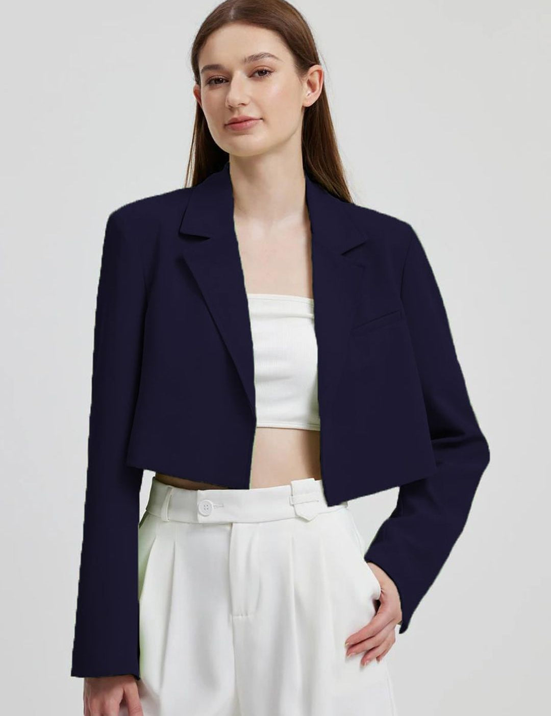 Kotty Navy Blue Crop Notched Lapel Collar Regular Fit Blazer