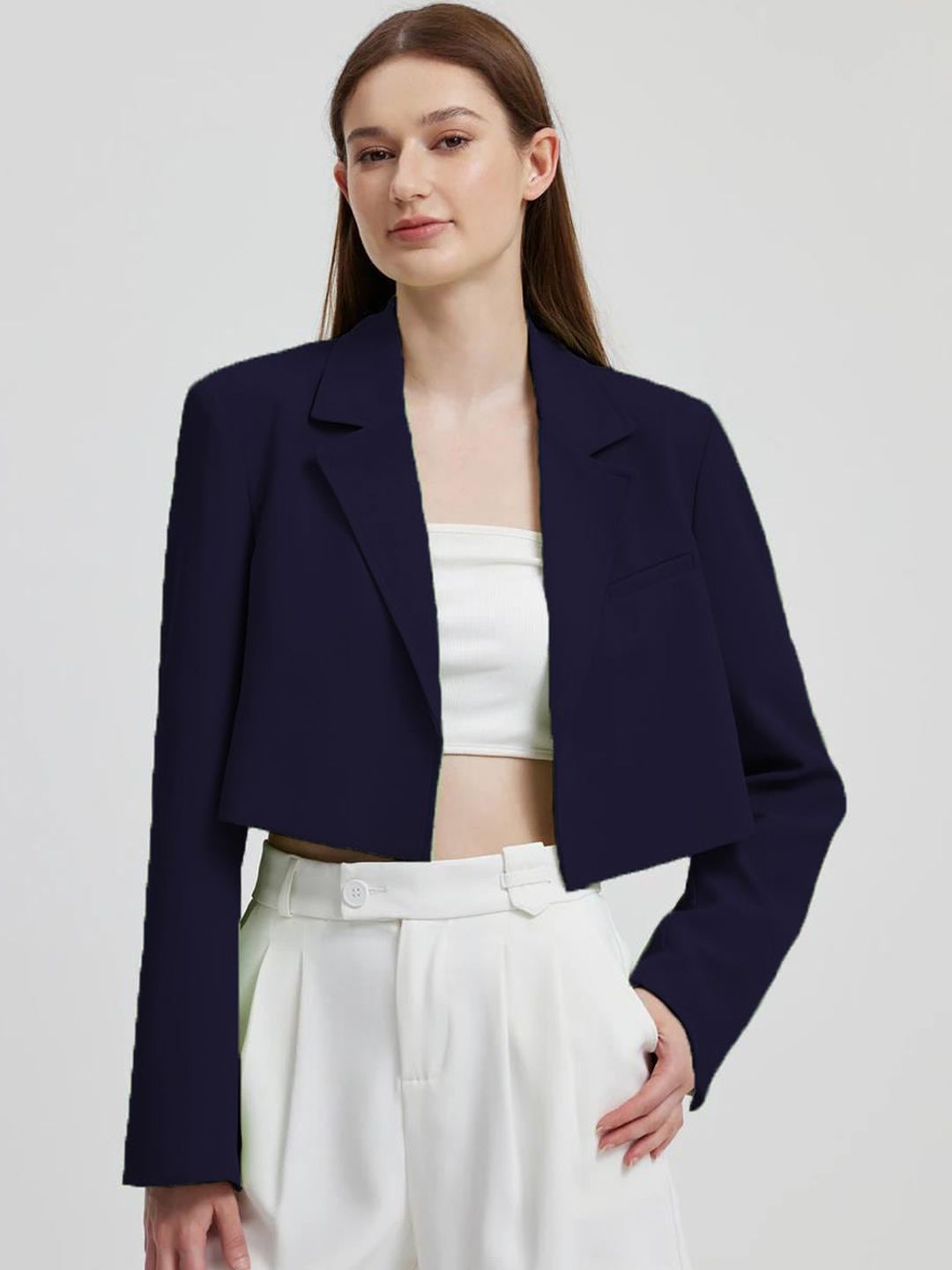 Kotty Navy Blue Crop Notched Lapel Collar Regular Fit Blazer