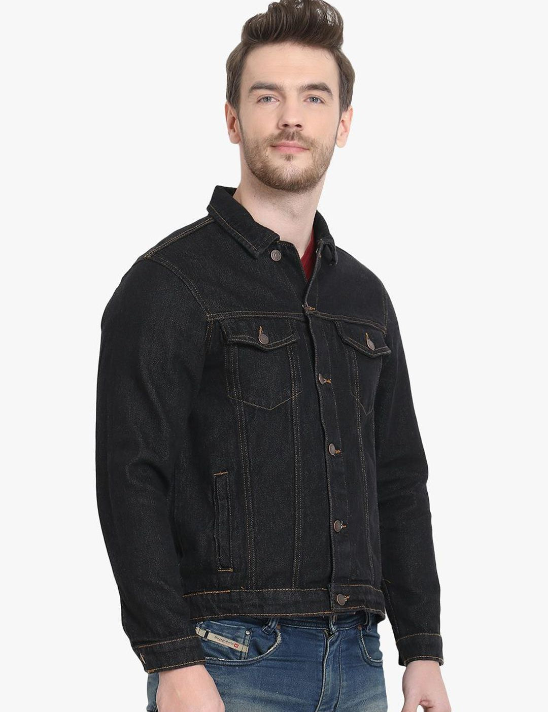 Kotty Men Black Solid Denim Jacket