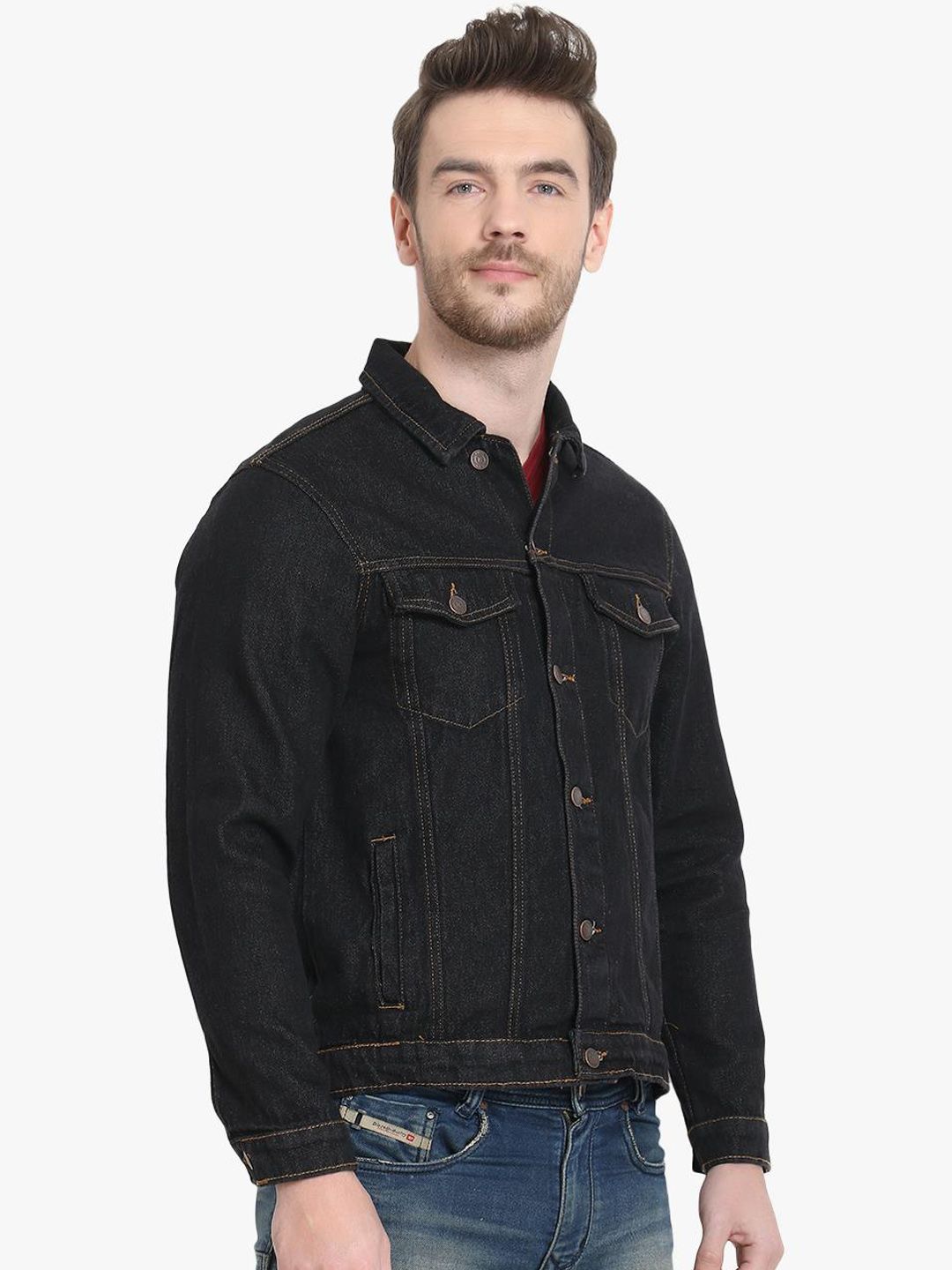 Kotty Men Black Solid Denim Jacket