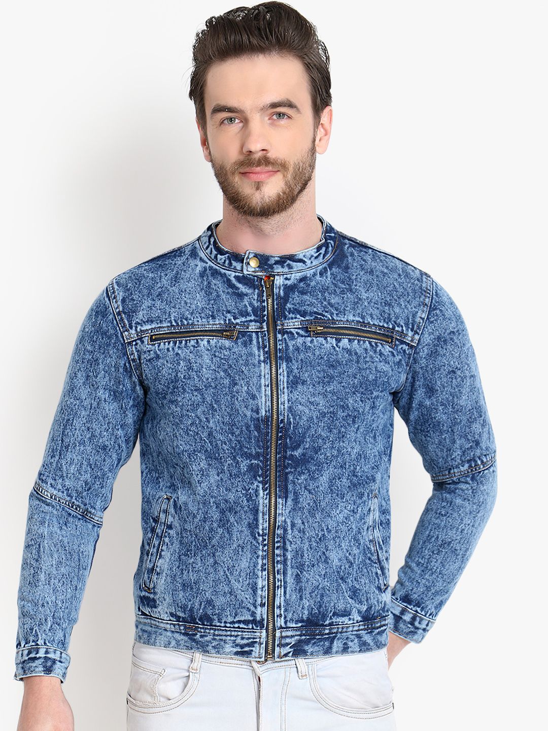 Kotty Men Blue Solid Denim Jacket