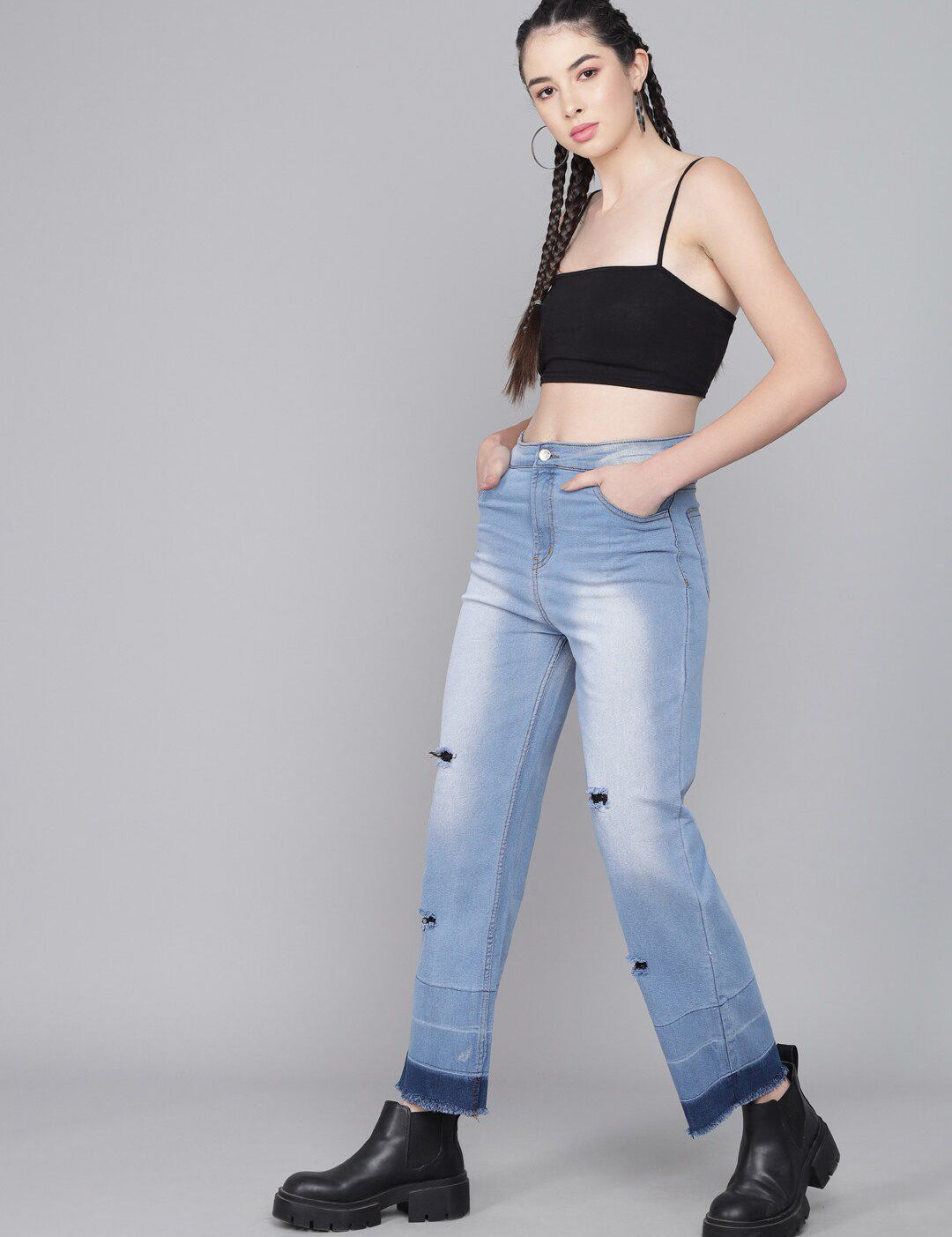 Kotty Women Blue Flared High-Rise Low Distress Heavy Fade Jeans